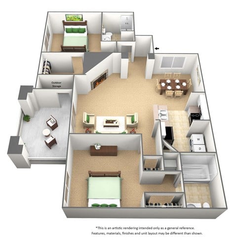 Floor plan for 2 beds, 2 baths, 1058 sqft